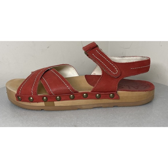 Kalso Earth Shoe 8W Serene Negative Heel Wood Sandals Cherry Leather Clogs Red - Picture 1 of 16